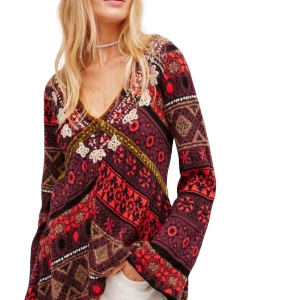 Free People Boho V Neck Bell Sleeve Tunic Top Small